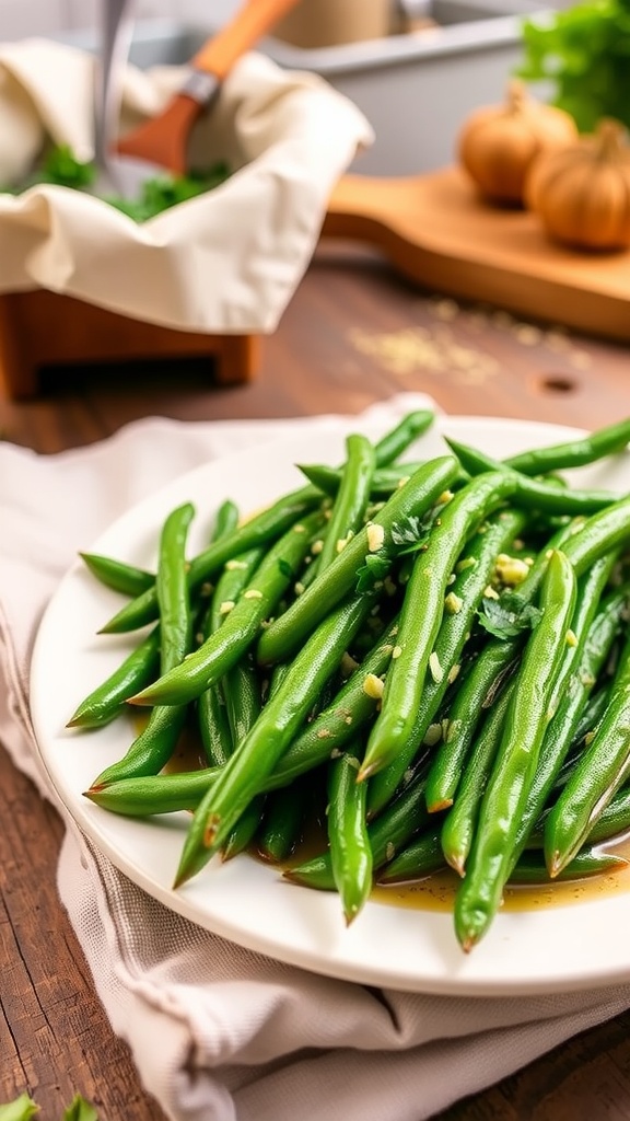 A serving of garlic butter green beans with parsley on a rustic table.